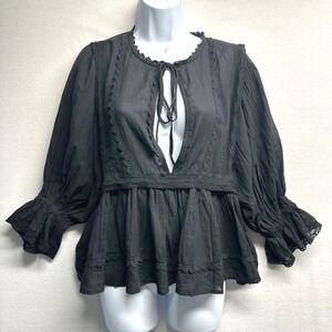 H&M Peplum Blouse L Black Lace Trim Boho Gothic Whimsical Romantic Deep V-Neck